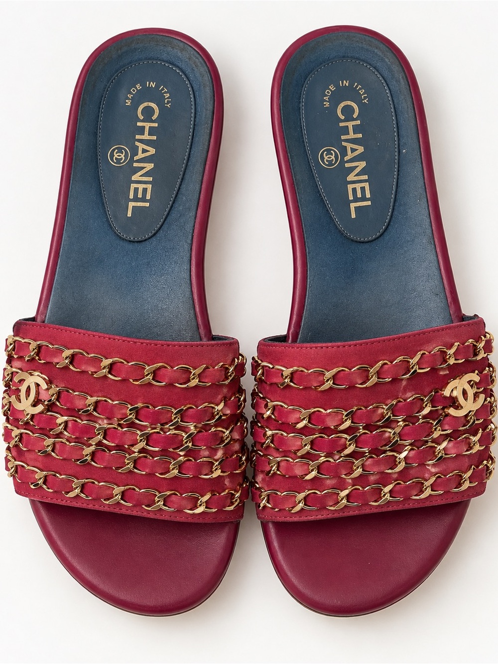 CHANEL Burgundy Leather Slide Sandals with Gold Chain Trim